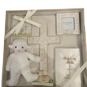 Baby Gift Set with Cross, Lamb, Frame, Bible 10”x10” box